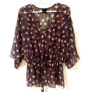 Anthropologie Ella Moss Sheer Floral Tie Silk Blouse, L, Purple